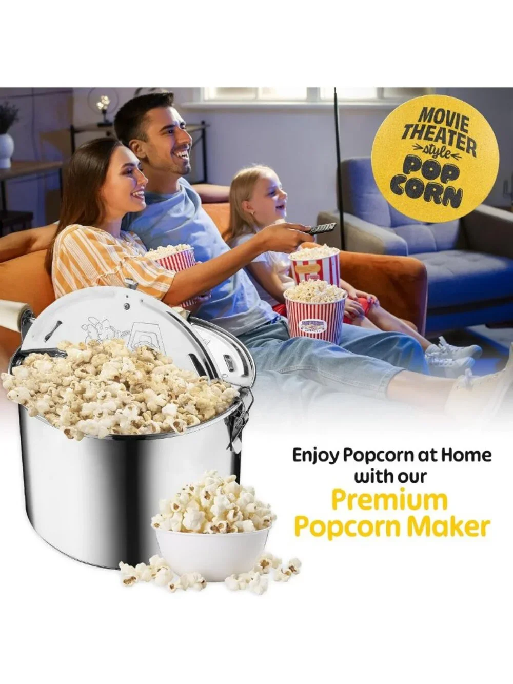 Stainless Steel Stovetop Popcorn Maker - 6.5 Quart, Hand Crank, Vented Lid